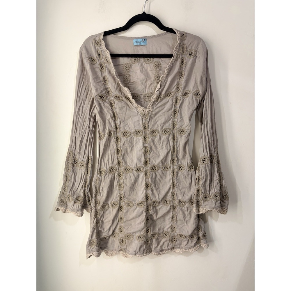 Letarte Handmade Cotton Crochet Boho Dress L Beige Beach Resort Festival